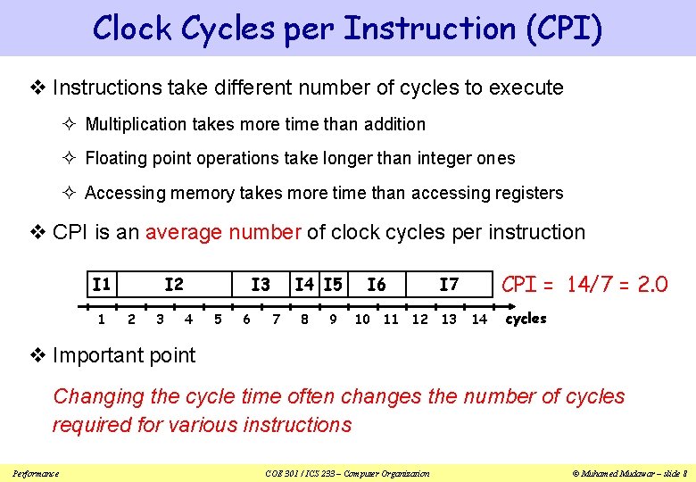 Clock Cycles per Instruction (CPI) v Instructions take different number of cycles to execute