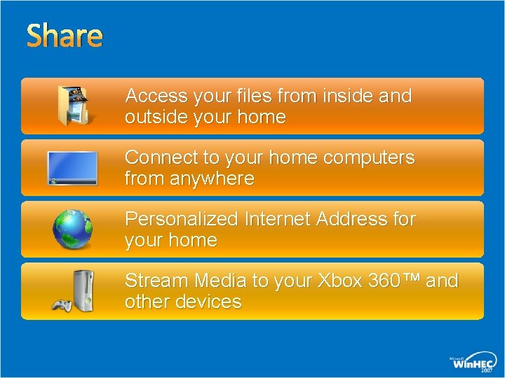 Share Access your files from inside and outside your home Connect to your home