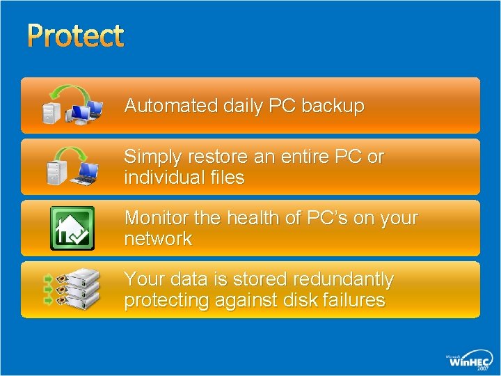 Protect Automated daily PC backup Simply restore an entire PC or individual files Monitor
