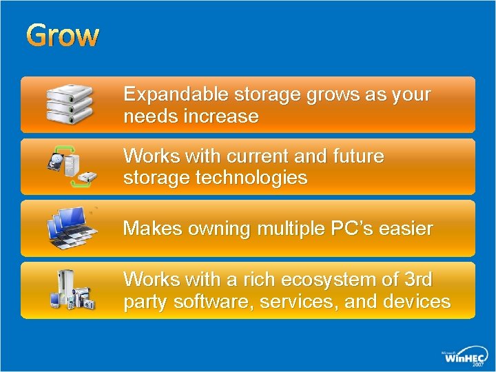 Grow Expandable storage grows as your needs increase Works with current and future storage