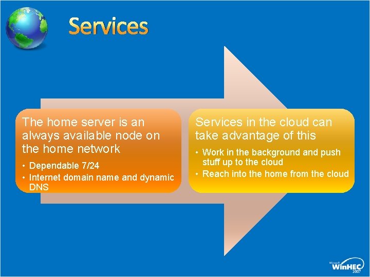 Services The home server is an always available node on the home network •