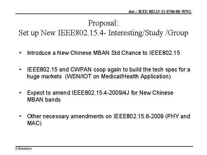 doc. : IEEE 802. 15 -11 -0766 -00 -WNG Proposal: Set up New IEEE