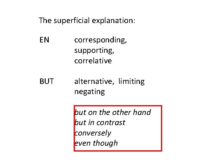 The superficial explanation: EN corresponding, supporting, correlative BUT alternative, limiting negating but on the