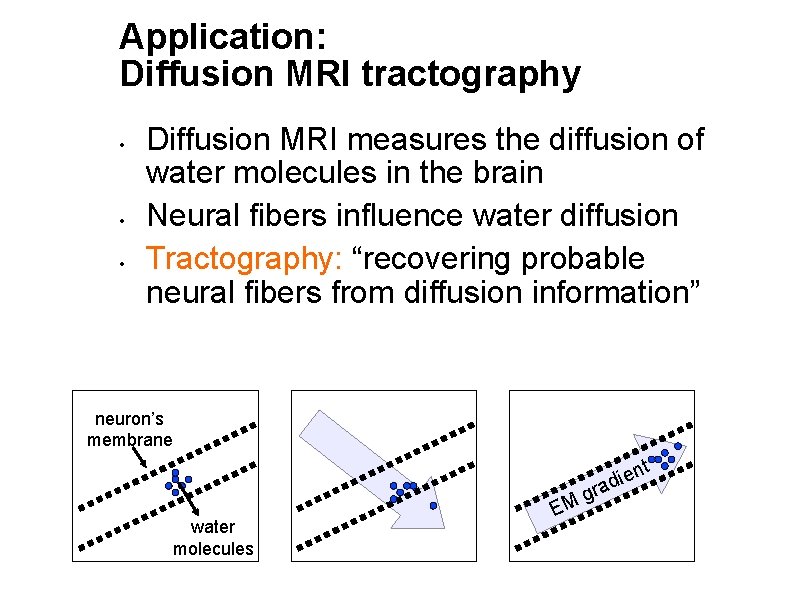 Application: Diffusion MRI tractography Diffusion MRI measures the diffusion of water molecules in the