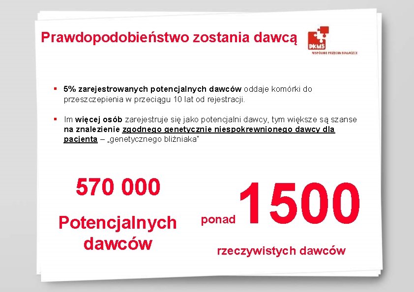 Prawdopodobieństwo zostania dawcą § 5% zarejestrowanych potencjalnych dawców oddaje komórki do przeszczepienia w przeciągu