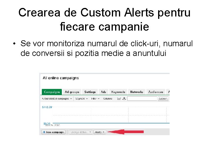 Crearea de Custom Alerts pentru fiecare campanie • Se vor monitoriza numarul de click-uri,