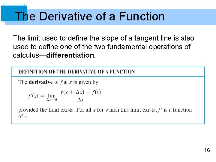 The Derivative of a Function The limit used to define the slope of a