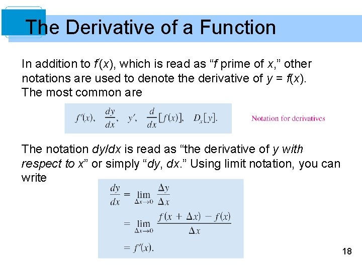 The Derivative of a Function In addition to f′(x), which is read as “f