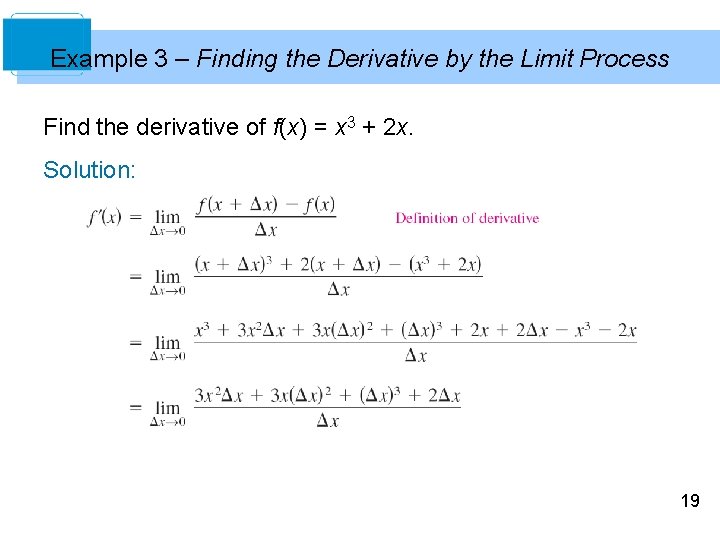 Example 3 – Finding the Derivative by the Limit Process Find the derivative of