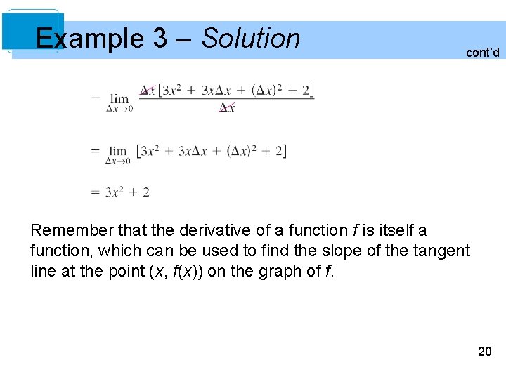 Example 3 – Solution cont’d Remember that the derivative of a function f is