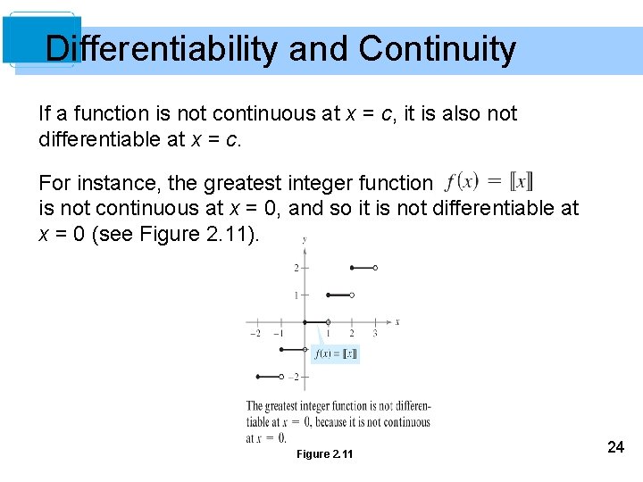 Differentiability and Continuity If a function is not continuous at x = c, it