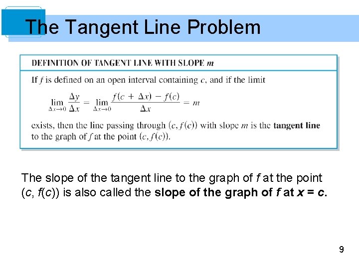 The Tangent Line Problem The slope of the tangent line to the graph of