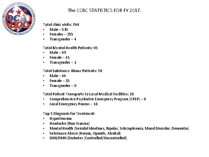 The CCBC STATISTICS FOR FY 2017. Total clinic visits: 794 • Male – 535
