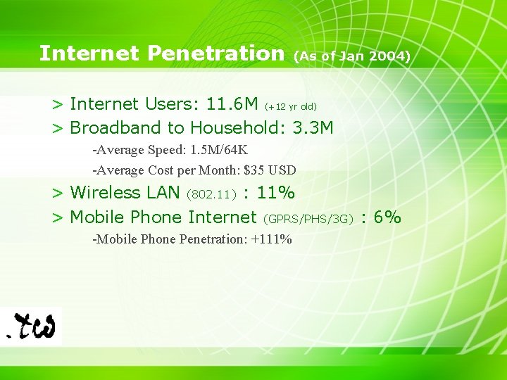 Internet Penetration (As of Jan 2004) > Internet Users: 11. 6 M (+12 yr