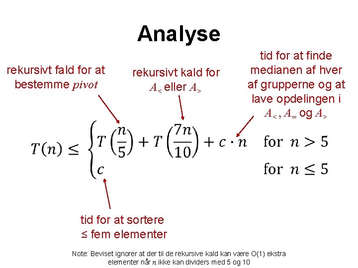 Analyse rekursivt fald for at bestemme pivot rekursivt kald for A< eller A> tid