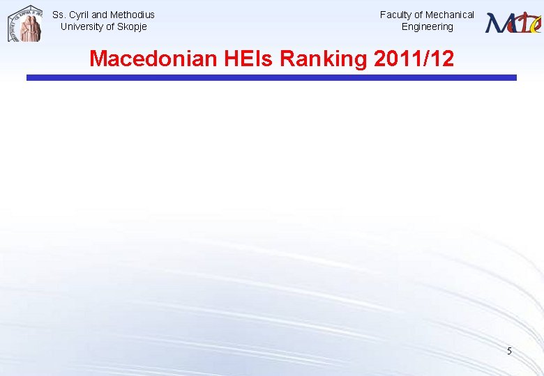 Ss. Cyril and Methodius University of Skopje Faculty of Mechanical Engineering Macedonian HEIs Ranking