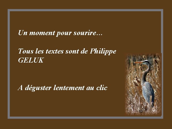 Un moment pour sourire… Tous les textes sont de Philippe GELUK A déguster lentement