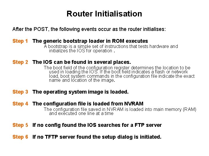Router Initialisation After the POST, the following events occur as the router initialises: Step