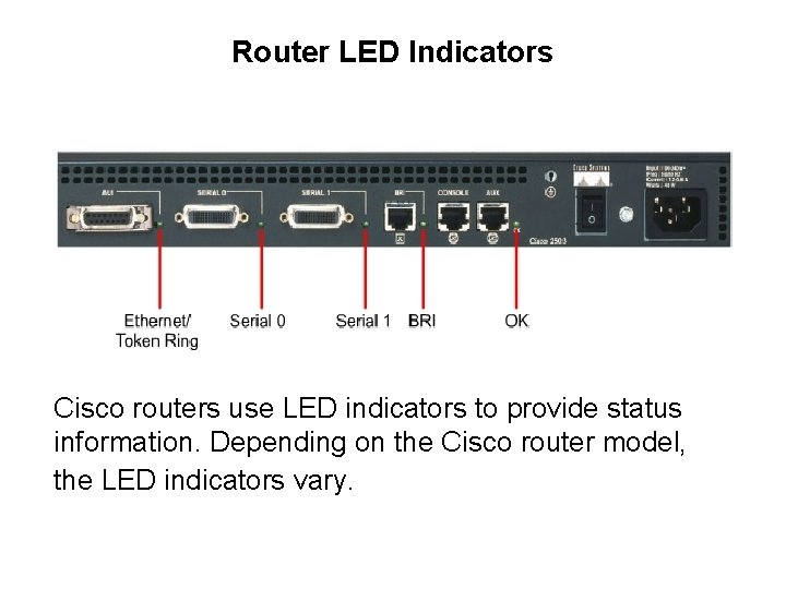 Router LED Indicators Cisco routers use LED indicators to provide status information. Depending on