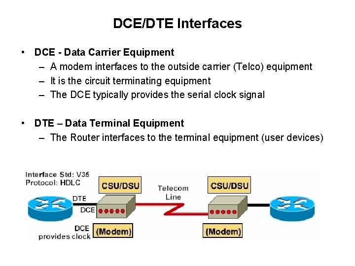 DCE/DTE Interfaces • DCE - Data Carrier Equipment – A modem interfaces to the