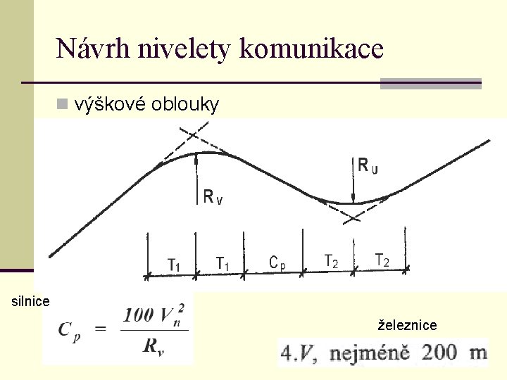 Návrh nivelety komunikace n výškové oblouky silnice železnice 