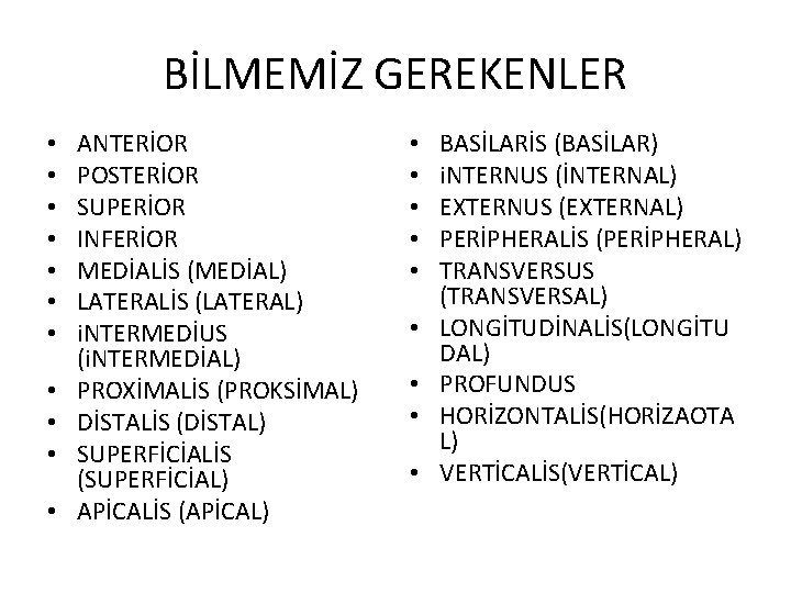 BİLMEMİZ GEREKENLER • • • ANTERİOR POSTERİOR SUPERİOR INFERİOR MEDİALİS (MEDİAL) LATERALİS (LATERAL) i.