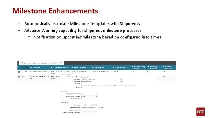 Milestone Enhancements – Automatically associate Milestone Templates with Shipments – Advance Warning capability for