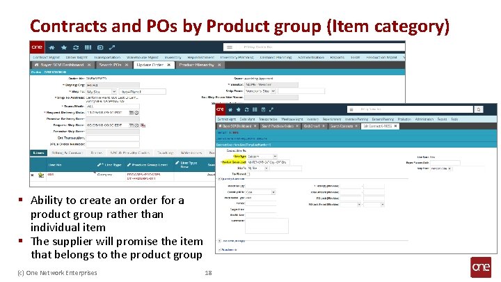 Contracts and POs by Product group (Item category) § Ability to create an order