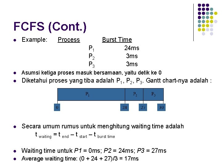FCFS (Cont. ) l Example: Process P 1 P 2 P 3 Burst Time