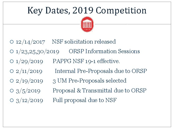Key Dates, 2019 Competition 12/14/2017 NSF solicitation released 1/23, 25, 30/2019 1/29/2019 2/11/2019 ORSP