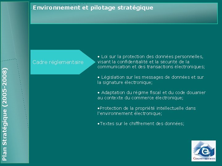 Environnement et pilotage stratégique Plan Stratégique (2005 -2008) Cadre réglementaire • Loi sur la