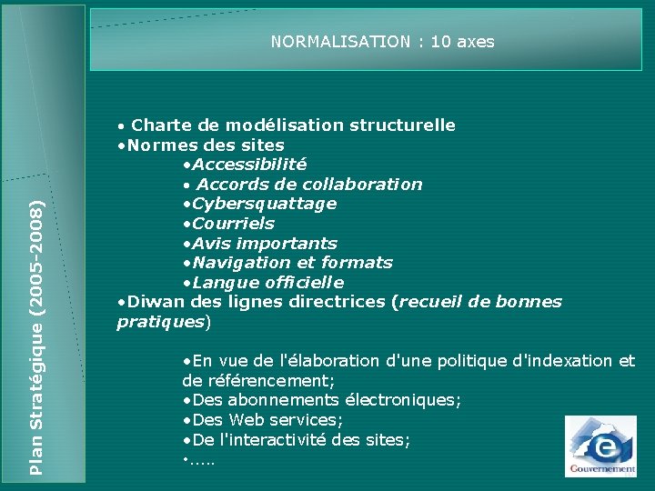 NORMALISATION : 10 axes Plan Stratégique (2005 -2008) • Charte de modélisation structurelle •