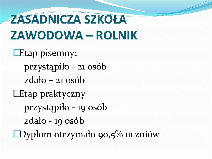 ZASADNICZA SZKOŁA ZAWODOWA – ROLNIK �Etap pisemny: przystąpiło - 21 osób zdało – 21