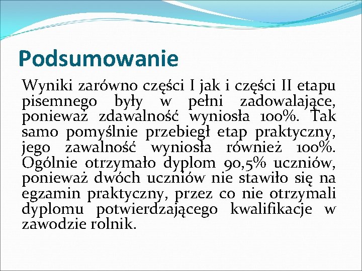 Podsumowanie Wyniki zarówno części I jak i części II etapu pisemnego były w pełni