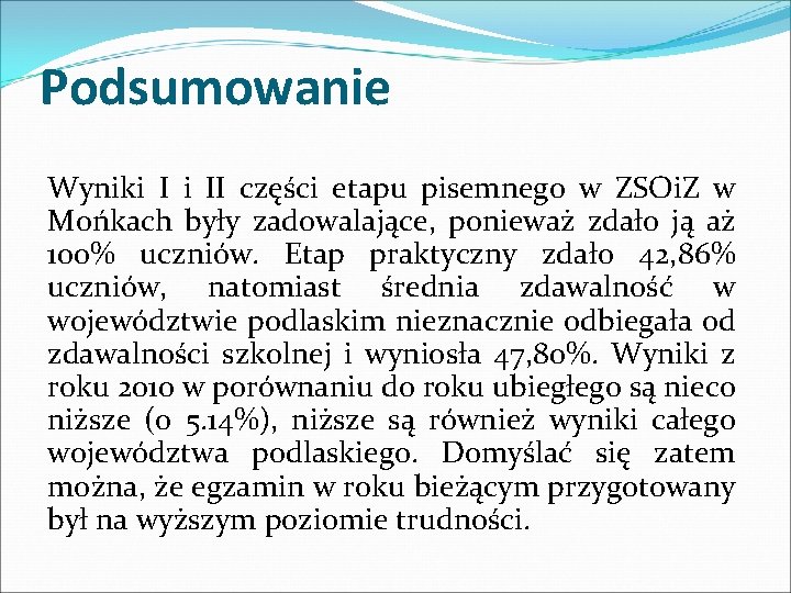 Podsumowanie Wyniki I i II części etapu pisemnego w ZSOi. Z w Mońkach były