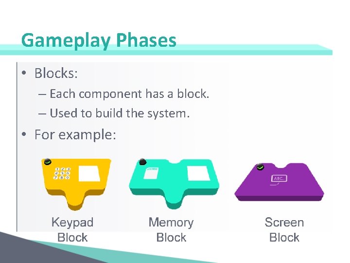 Gameplay Phases • Blocks: – Each component has a block. – Used to build