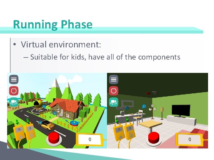 Running Phase • Virtual environment: – Suitable for kids, have all of the components