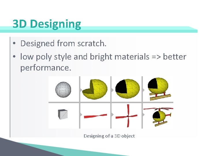 3 D Designing • Designed from scratch. • low poly style and bright materials