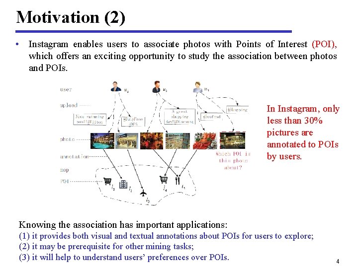 Motivation (2) • Instagram enables users to associate photos with Points of Interest (POI),