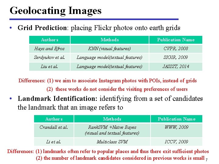 Geolocating Images • Grid Prediction: placing Flickr photos onto earth grids Authors Methods Publication