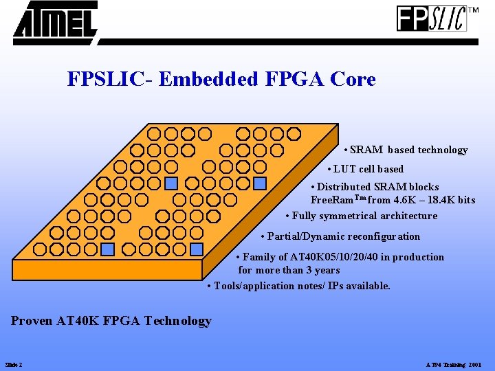 FPSLIC- Embedded FPGA Core • SRAM based technology • LUT cell based • Distributed FPSLIC- Embedded FPGA Core • SRAM based technology • LUT cell based • Distributed