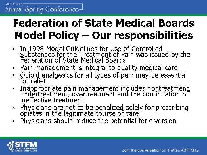 Federation of State Medical Boards Model Policy – Our responsibilities • In 1998 Model