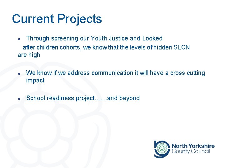 Current Projects Through screening our Youth Justice and Looked after children cohorts, we know