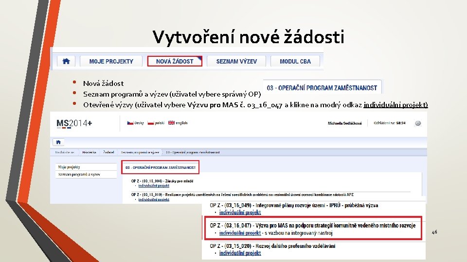 Vytvoření nové žádosti • • • Nová žádost Seznam programů a výzev (uživatel vybere