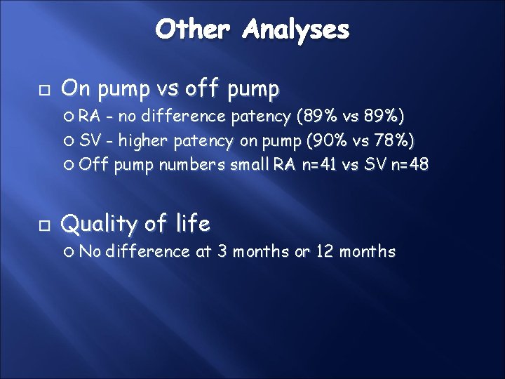 Other Analyses On pump vs off pump RA - no difference patency (89% vs Other Analyses On pump vs off pump RA - no difference patency (89% vs