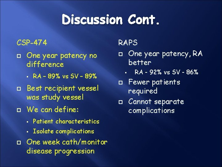 Discussion Cont. CSP-474 One year patency no difference § RA – 89% vs SV Discussion Cont. CSP-474 One year patency no difference § RA – 89% vs SV