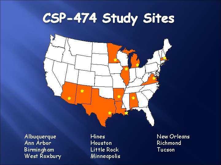 CSP-474 Study Sites Albuquerque Ann Arbor Birmingham West Roxbury Hines Houston Little Rock Minneapolis CSP-474 Study Sites Albuquerque Ann Arbor Birmingham West Roxbury Hines Houston Little Rock Minneapolis