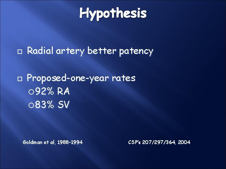 Hypothesis Radial artery better patency Proposed-one-year rates 92% RA 83% SV Goldman et al, Hypothesis Radial artery better patency Proposed-one-year rates 92% RA 83% SV Goldman et al,