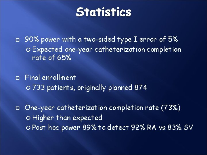 Statistics 90% power with a two-sided type I error of 5% Expected one-year catheterization Statistics 90% power with a two-sided type I error of 5% Expected one-year catheterization