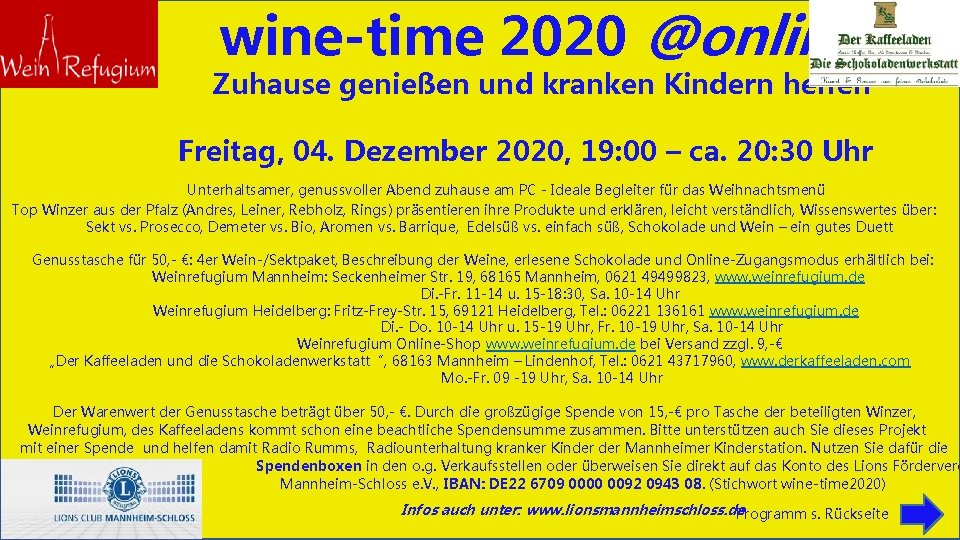 wine-time 2020 @online Zuhause genießen und kranken Kindern helfen Freitag, 04. Dezember 2020, 19: